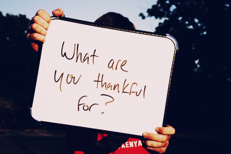 A person holds a whiteboard asking 'What are you thankful for?' against a dark outdoor background.
